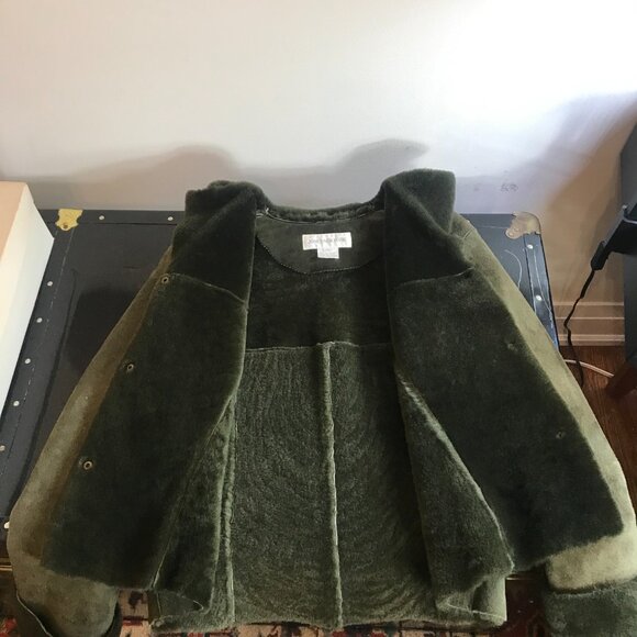 Jones New York Olive Green Dyed Lamb Suede Shearling Coat Jacket Outerwear - Picture 4 of 6